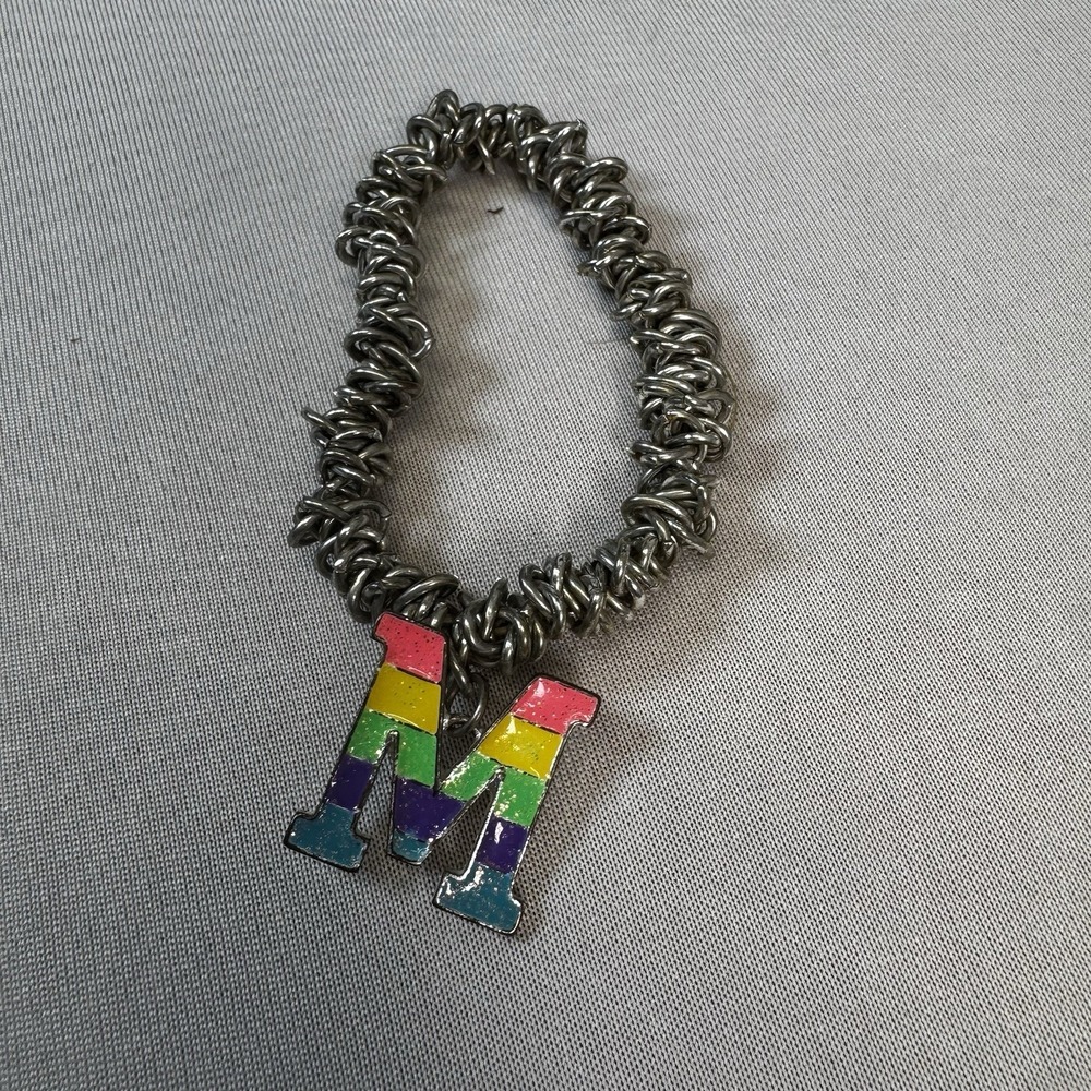 Bright Color "M" On Silver Tone Stretch Bracelet